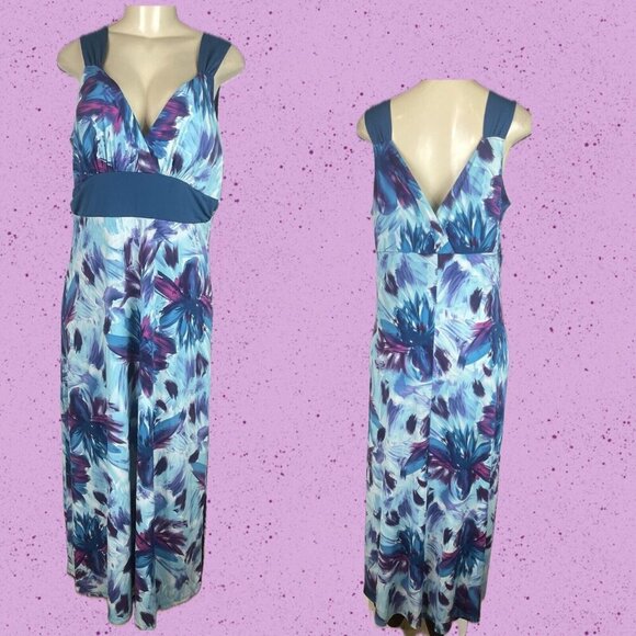 Studio 1940 L Teal Floral Surplice Neck Light Padde Sleeveless Maxi Sun Dress - Picture 1 of 6